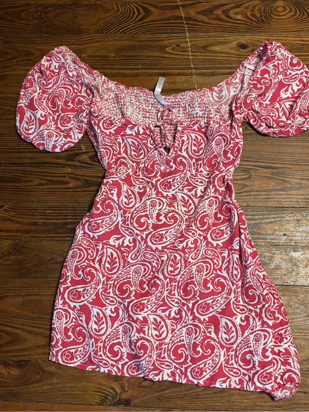 RVCA Red and White Paisley Puff Sleeve Mini Dress